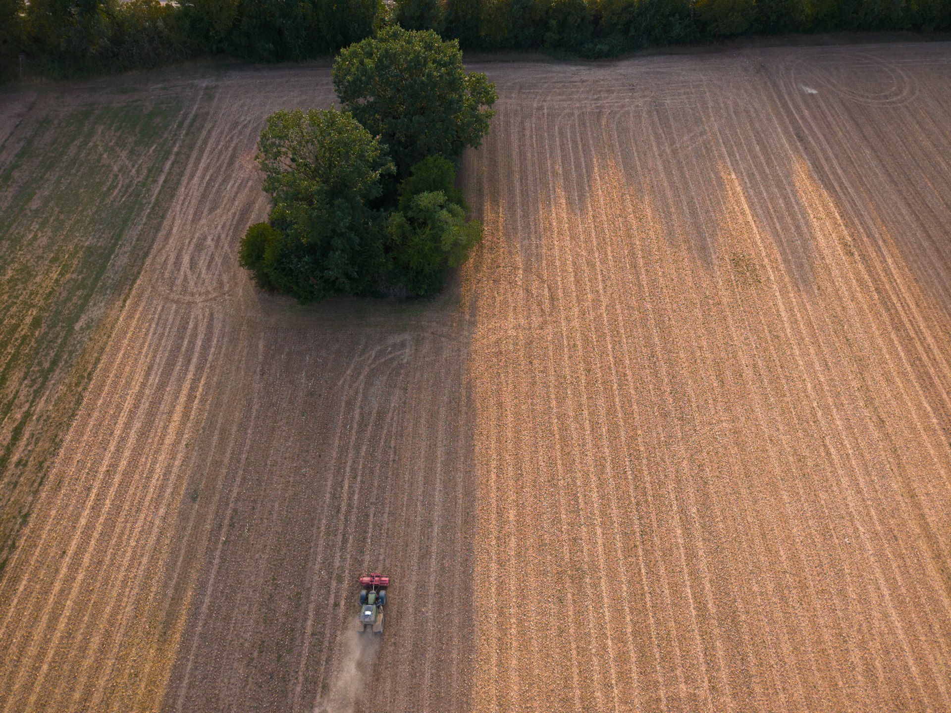 Aerial view of a tractor working farmland in evening light